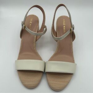 New Cole Haan Women’s Josie Block Heeled Sandal, Ivory/Soft Gold 9 B
